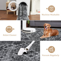Garvee Vintage Floral Washable Area Rug, Dark Gray 8x10 Non Slip Low Pile Rug for Living Room and Bedroom, Kid and Pet Friendly