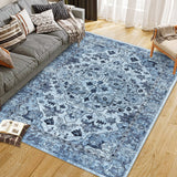 Garvee Vintage Floral Washable Area Rug, Blue 8x10 Non Slip Low Pile Rug for Living Room and Bedroom, Kid and Pet Friendly - Blue