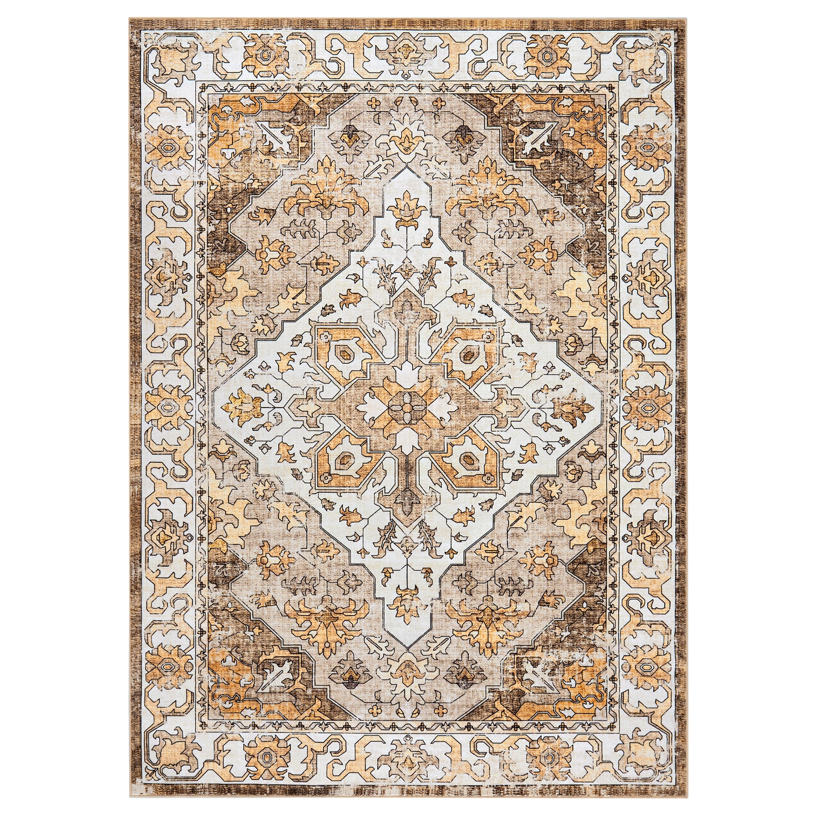 Garvee Vintage Floral Washable Area Rug, Camel 10x13 Non Slip Low Pile Rug for Living Room and Bedroom, Kid and Pet Friendly