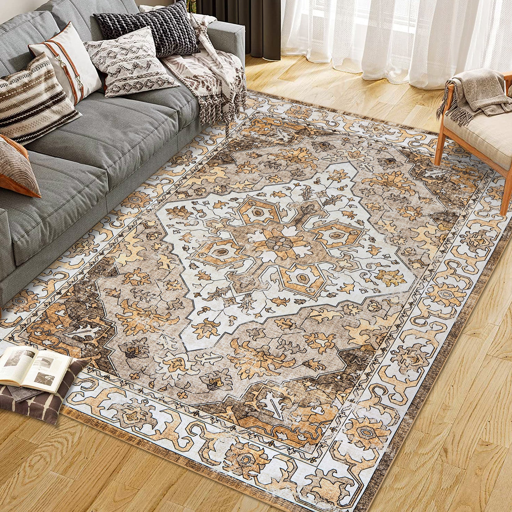Garvee Vintage Floral Washable Area Rug, Camel 10x13 Non Slip Low Pile Rug for Living Room and Bedroom, Kid and Pet Friendly
