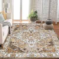 Garvee Vintage Floral Washable Area Rug, Camel 9x12 Non Slip Low Pile Rug for Living Room and Bedroom, Kid and Pet Friendly