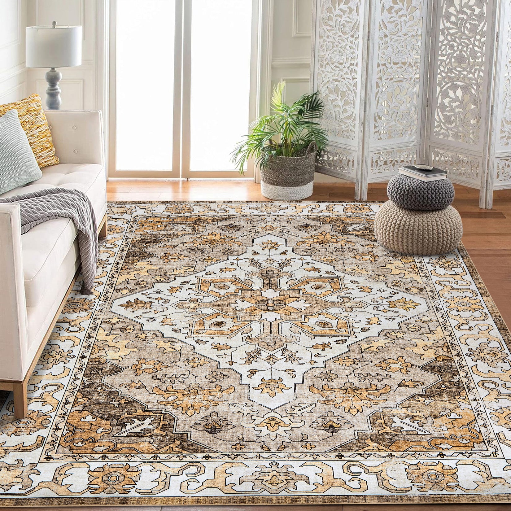 Garvee Vintage Floral Washable Area Rug, Camel 5x7 Non Slip Low Pile Rug for Bedroom and Nursery, Kid and Pet Friendly
