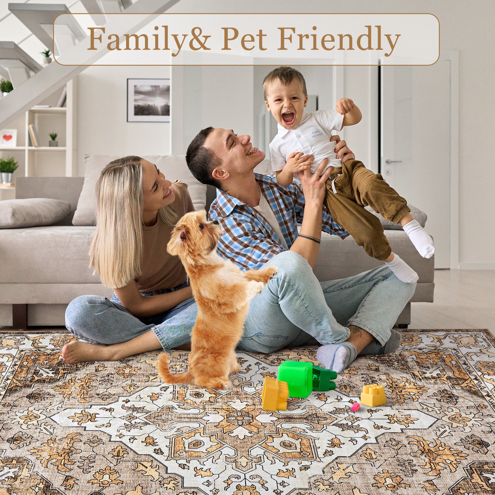 Garvee Vintage Floral Washable Area Rug, Camel 5x7 Non Slip Low Pile Rug for Bedroom and Nursery, Kid and Pet Friendly