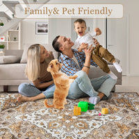 Garvee Vintage Floral Washable Area Rug, Camel 5x7 Non Slip Low Pile Rug for Bedroom and Nursery, Kid and Pet Friendly