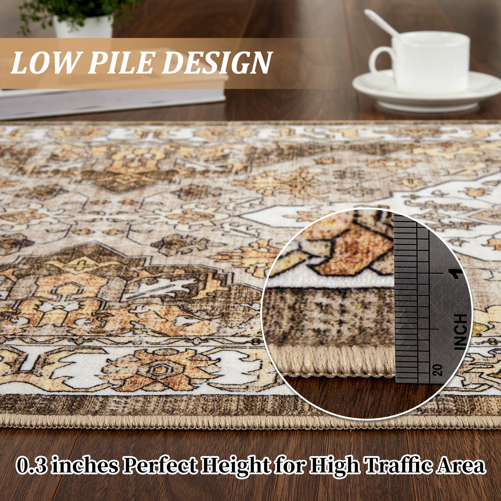 Garvee Vintage Floral Washable Area Rug, Camel 10x13 Non Slip Low Pile Rug for Living Room and Bedroom, Kid and Pet Friendly