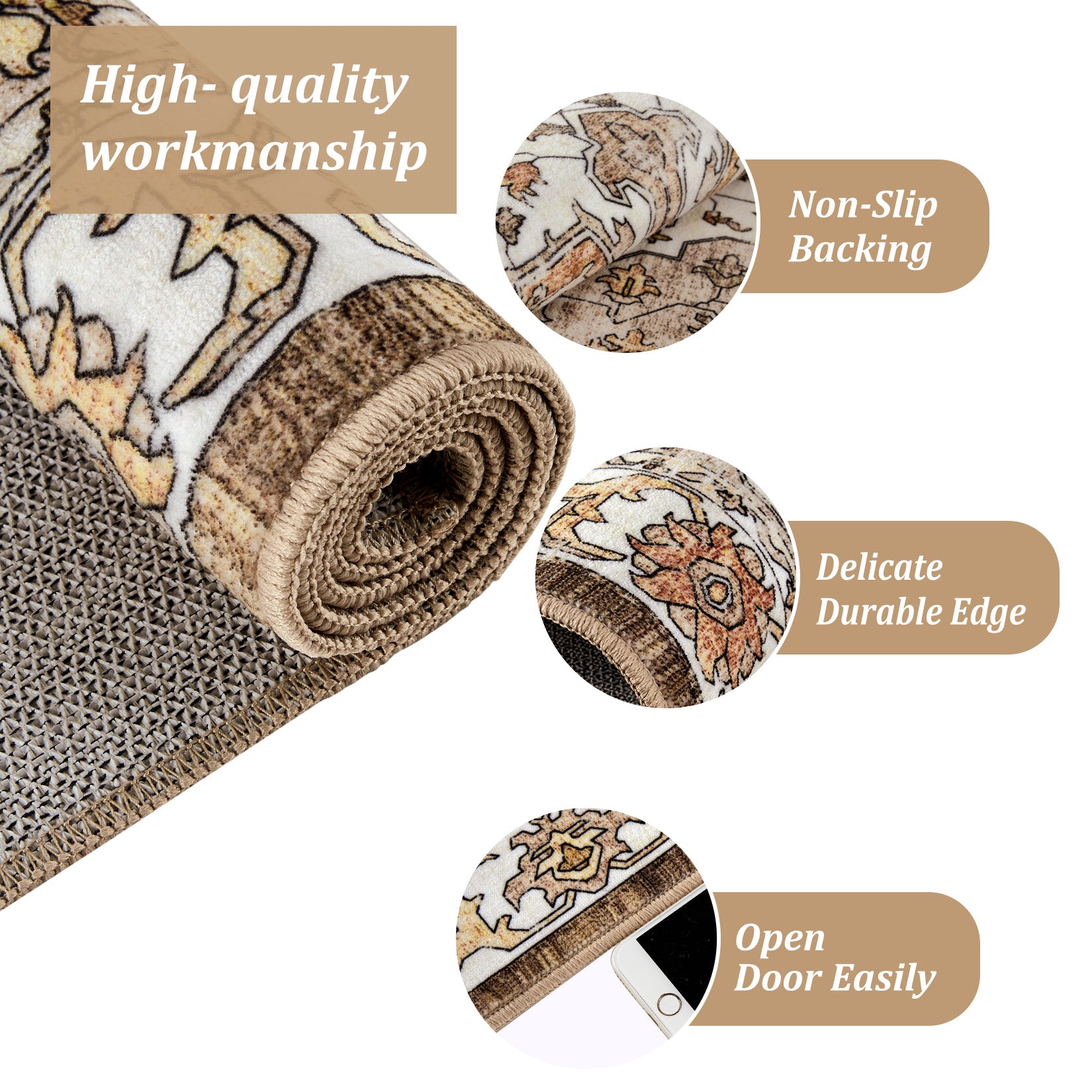 Garvee Vintage Floral Washable Area Rug, Camel 5x7 Non Slip Low Pile Rug for Bedroom and Nursery, Kid and Pet Friendly