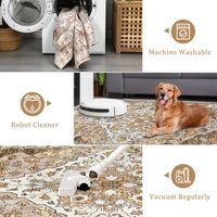 Garvee Vintage Floral Washable Area Rug, Camel 5x7 Non Slip Low Pile Rug for Bedroom and Nursery, Kid and Pet Friendly