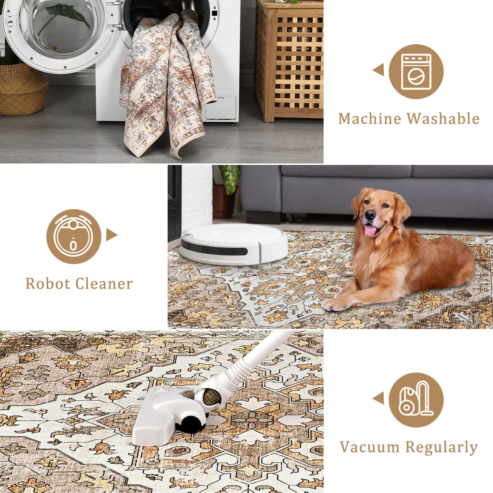 Garvee Vintage Floral Washable Area Rug, Camel 10x13 Non Slip Low Pile Rug for Living Room and Bedroom, Kid and Pet Friendly