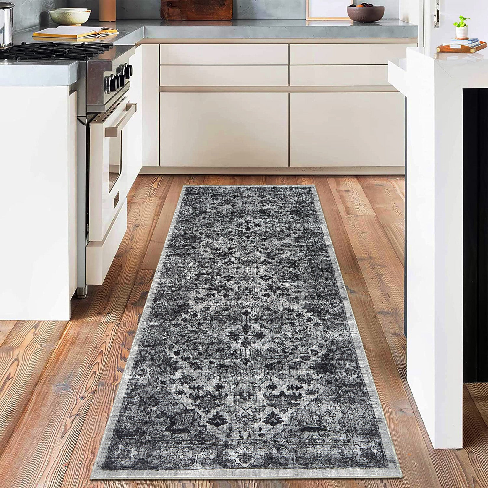 Garvee Vintage Floral Washable Runner Rug, Dark Gray 2x6 Non Slip Low Pile Hallway and Entryway Rug, Kid and Pet Friendly