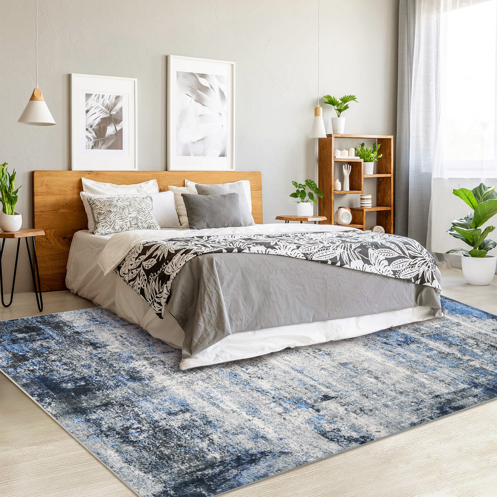 Garvee Modern Abstract Boho Washable Area Rug High-Traffic Areas Living Room Bedroom Kitchen Dining Blue 9x12