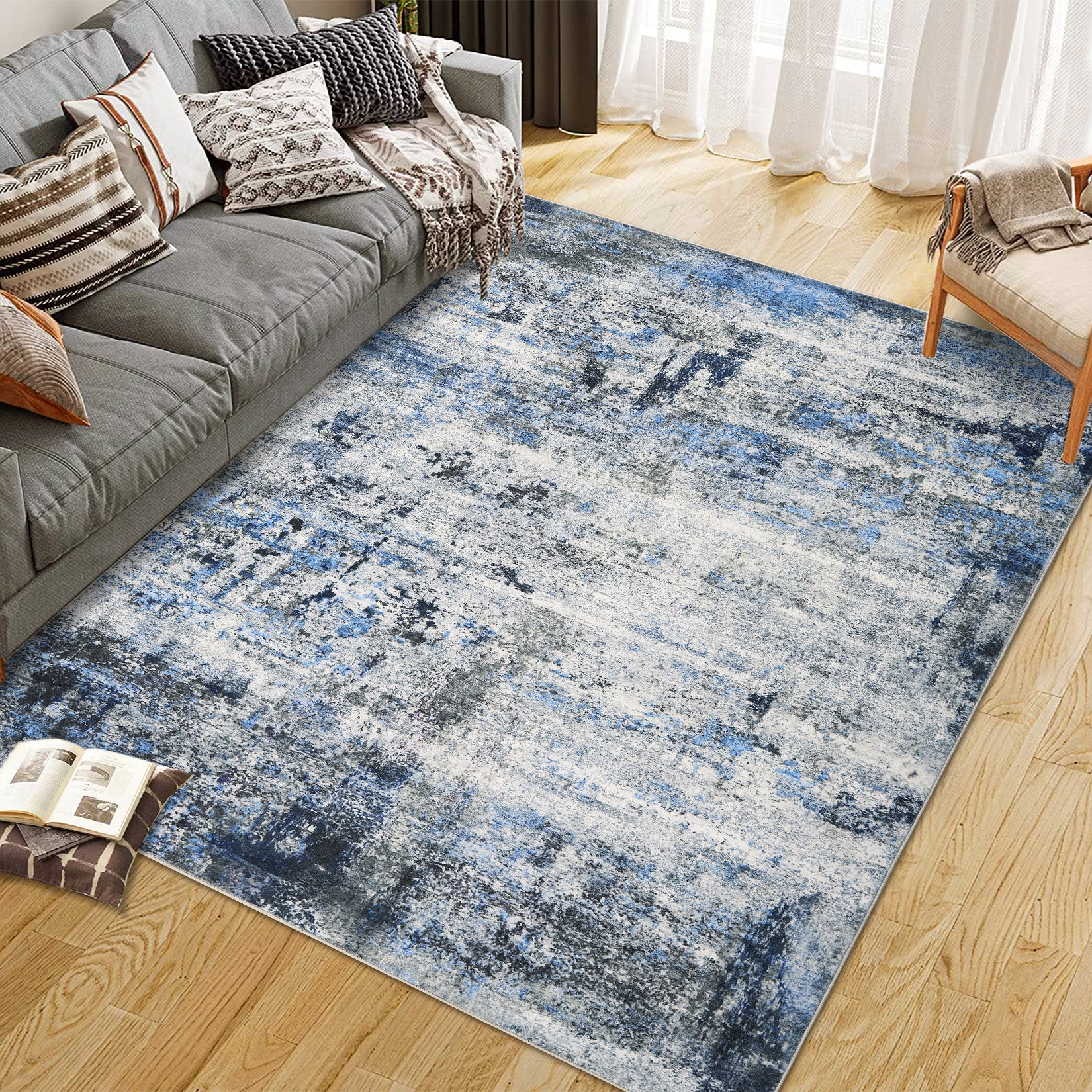 Garvee Modern Abstract Boho Washable Area Rug High-Traffic Areas Living Room Bedroom Kitchen Dining Blue 9x12