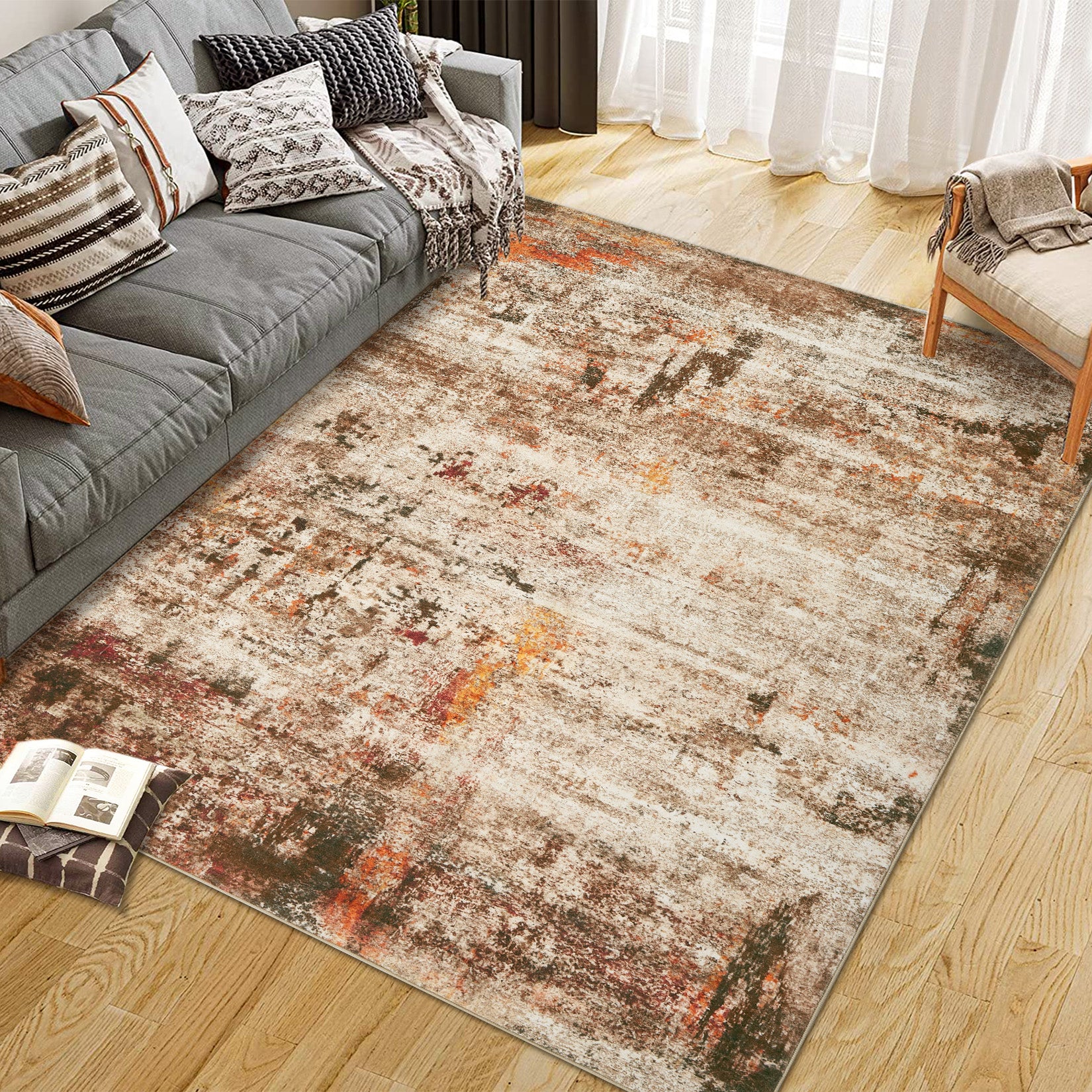 Garvee Modern Abstract Boho Washable Area Rug High-Traffic Areas Living Room Bedroom Kitchen Dining Camel 8x10