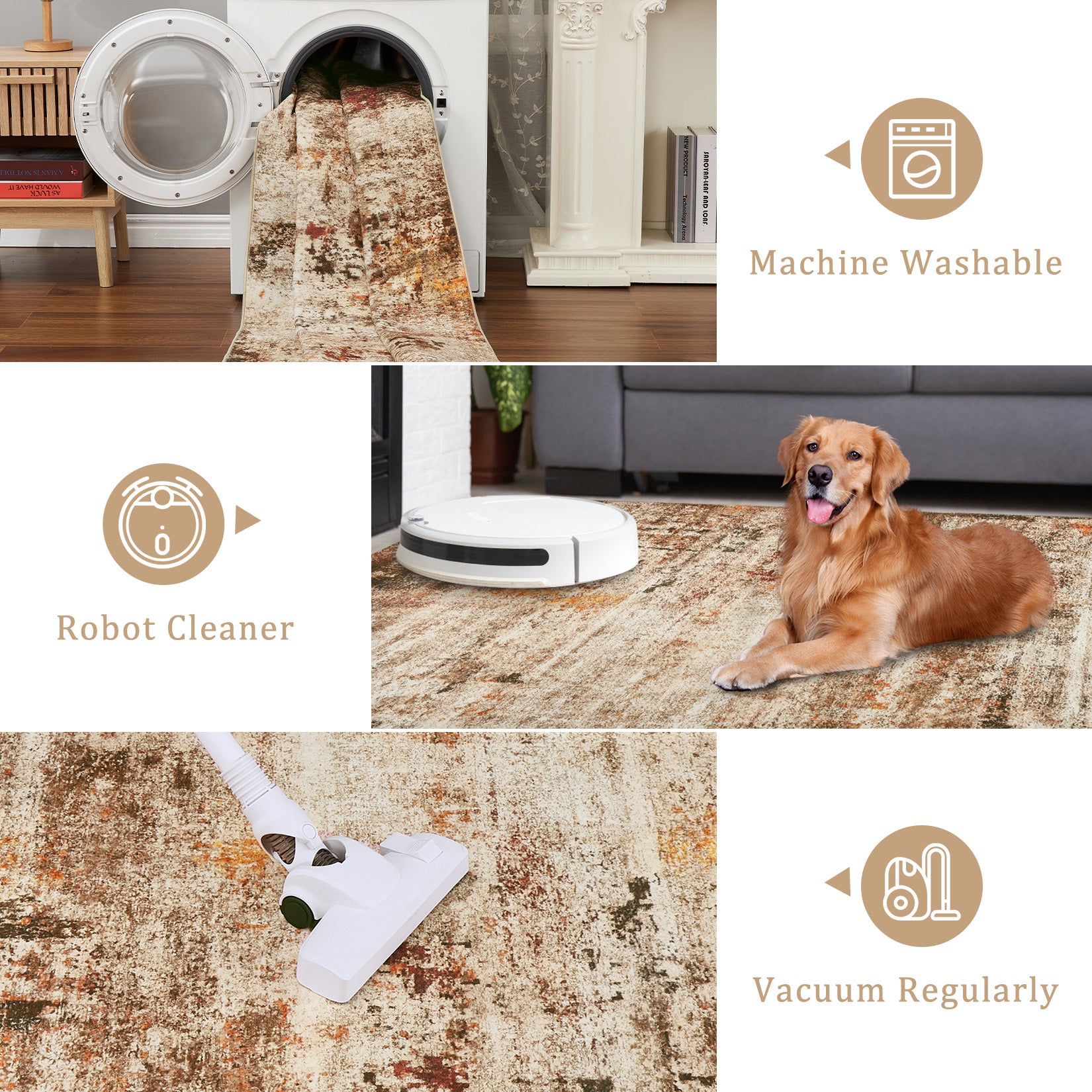 Garvee Modern Abstract Boho Washable Area Rug High-Traffic Areas Living Room Bedroom Kitchen Dining Camel 5x7