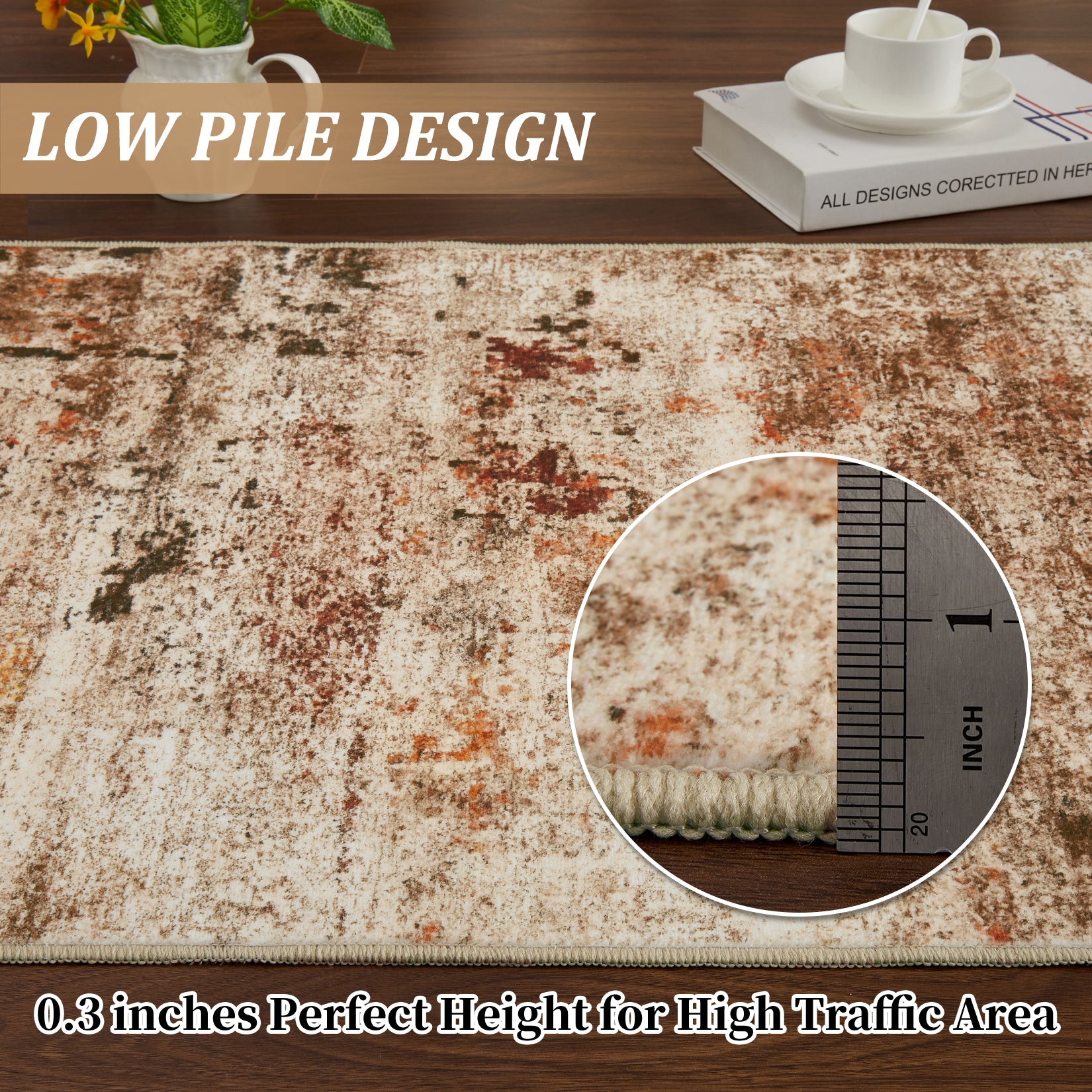 Garvee 6 ft x 9 ft Washable Area Rug, Non Slip Abstract Rug, Soft Faux Wool, Low Pile, Brown for Living Room Bedroom Dining Room