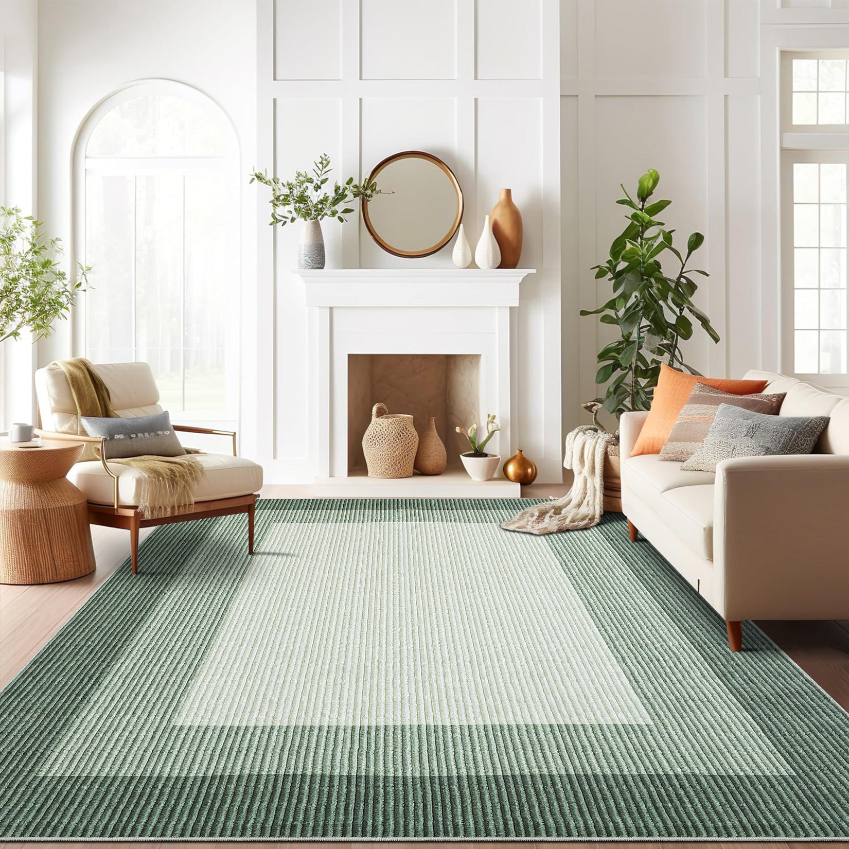 Garvee 10x13 Large Green Area Rug – Modern Bordered Gradient Rug, Washable Non-Slip Low Pile Carpet for Living Room, Bedroom & Dining Room, Soft Minimalist Design