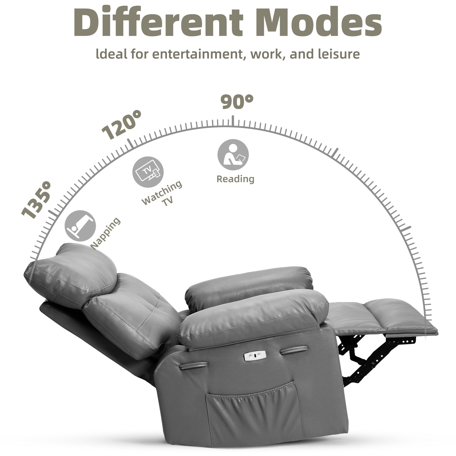 Garvee Oversized Manual Recliner, Breathable Leather Pushback Recliner Chair, Single Lazy Sofa Chair with Two Cup Holders and Side Pocket, Living Room Recliner, Gray