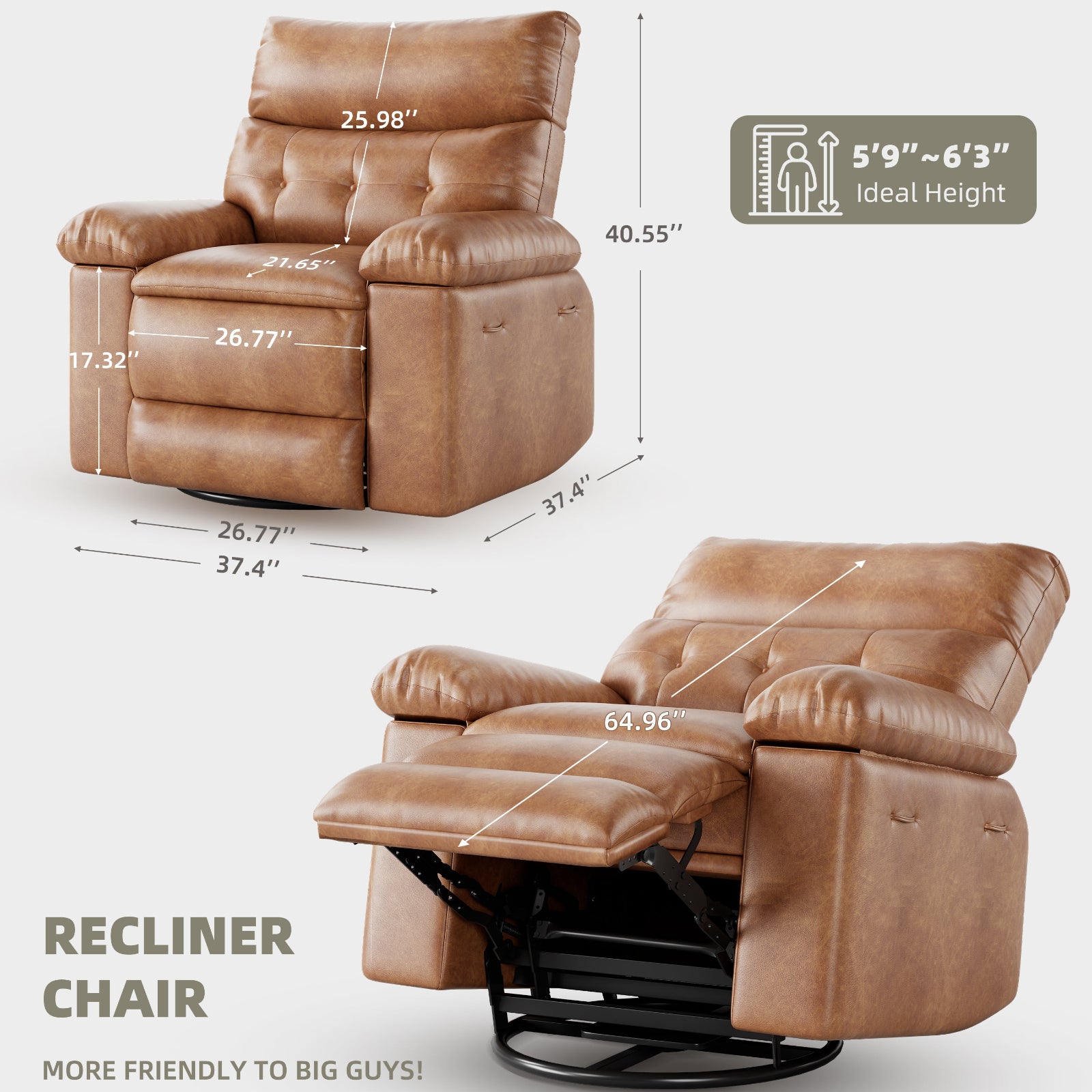 Garvee 27" Oversized Recliner Chairs with Heat and Massage, 360° Swivel Lazy Recliner Chair for Adults, Manual Rocking Chair with Remote Control for Living Room, Bedroom and Nursery, Brown