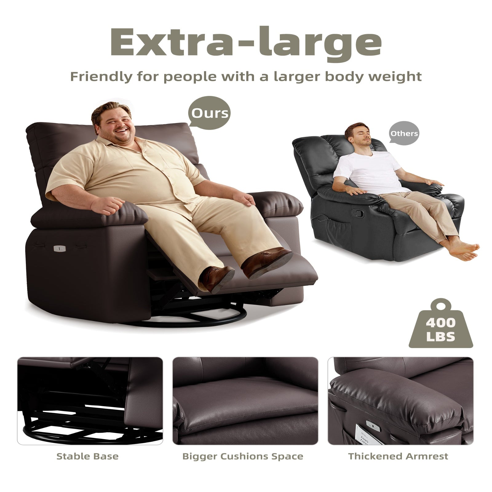 Garvee Oversized 27" Width PU Leather Recliner Chair, 360° Swivel Rocker, Heat & Massage, Manual Reclining, Remote Control, Collapsible Armrests, Lounge for Living Room, Bedroom, Nursery