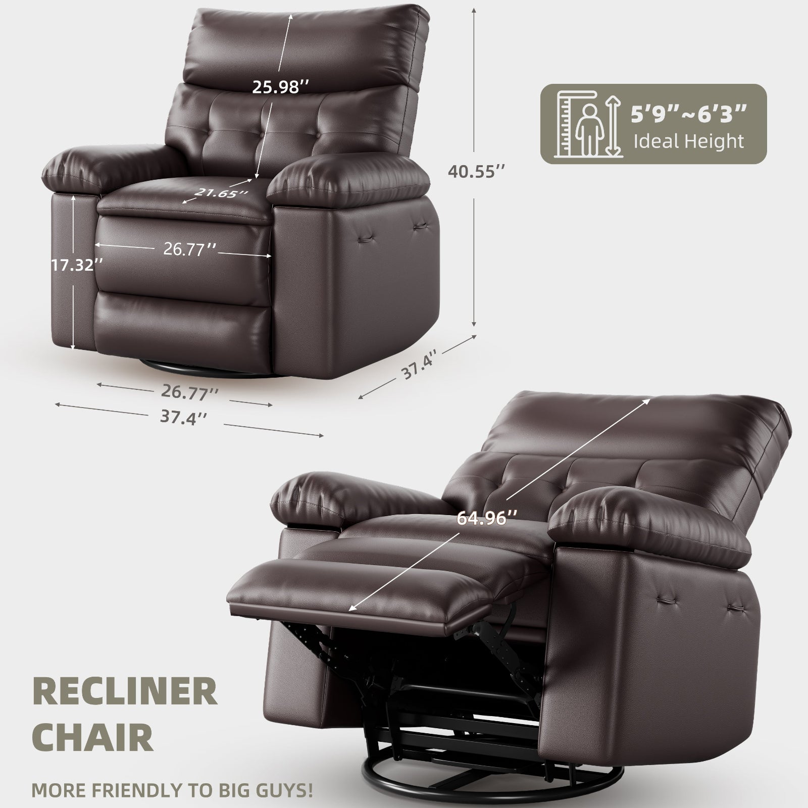 Garvee Oversized 27" Width PU Leather Recliner Chair, 360° Swivel Rocker, Heat & Massage, Manual Reclining, Remote Control, Collapsible Armrests, Lounge for Living Room, Bedroom, Nursery