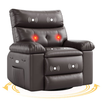 Garvee Oversized 27" Width PU Leather Recliner Chair, 360° Swivel Rocker, Heat & Massage, Manual Reclining, Remote Control, Collapsible Armrests, Lounge for Living Room, Bedroom, Nursery