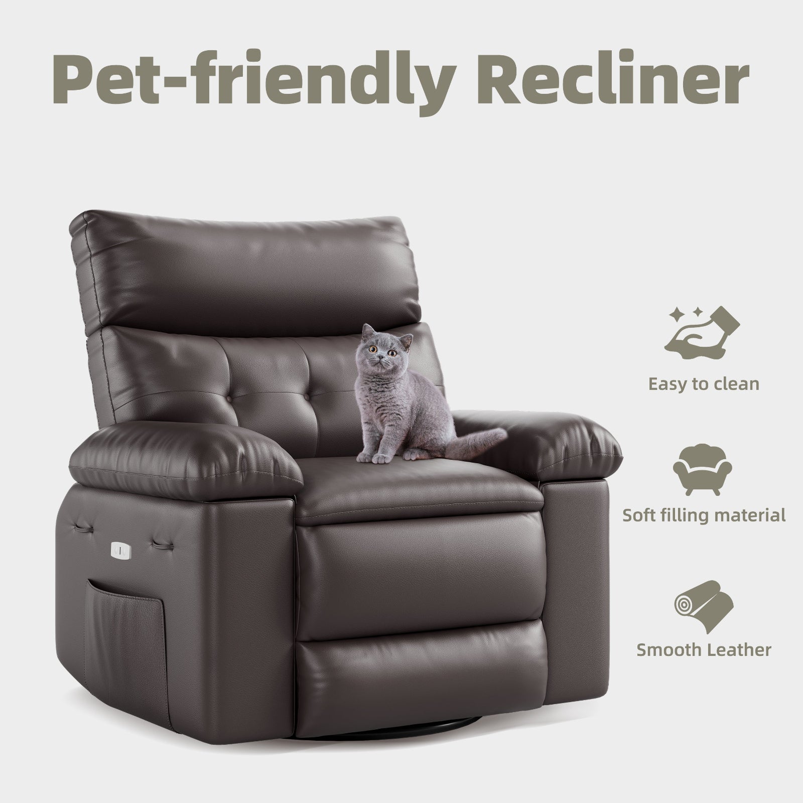 Garvee Oversized 27" Width PU Leather Recliner Chair, 360° Swivel Rocker, Heat & Massage, Manual Reclining, Remote Control, Collapsible Armrests, Lounge for Living Room, Bedroom, Nursery