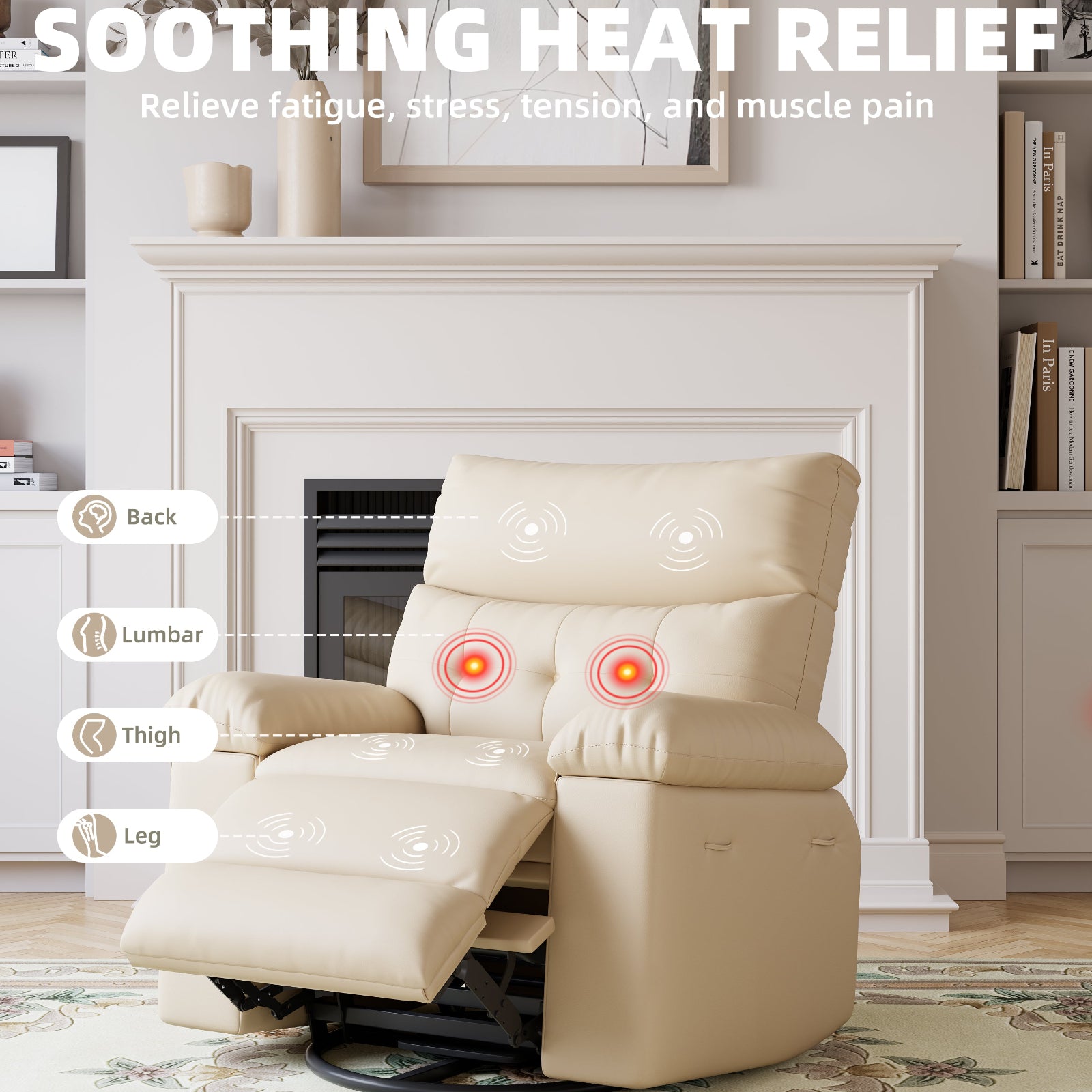 Garvee Oversized 27" Width PU Leather Recliner Chair, 360° Swivel Rocker, Heat & Massage, Manual Reclining, Remote Control, Collapsible Armrests, Lounge for Living Room, Bedroom, Nursery, Beige