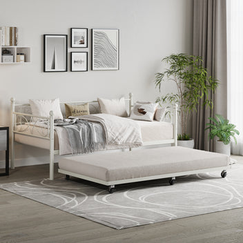 Garvee Heavy Duty Twin Daybed with Trundle, Metal Sofa Single Bed Frame with Slats & Headboard, No Box Spring Needed, Multifunctional Platform Bed for Bedroom, Guest Room, White