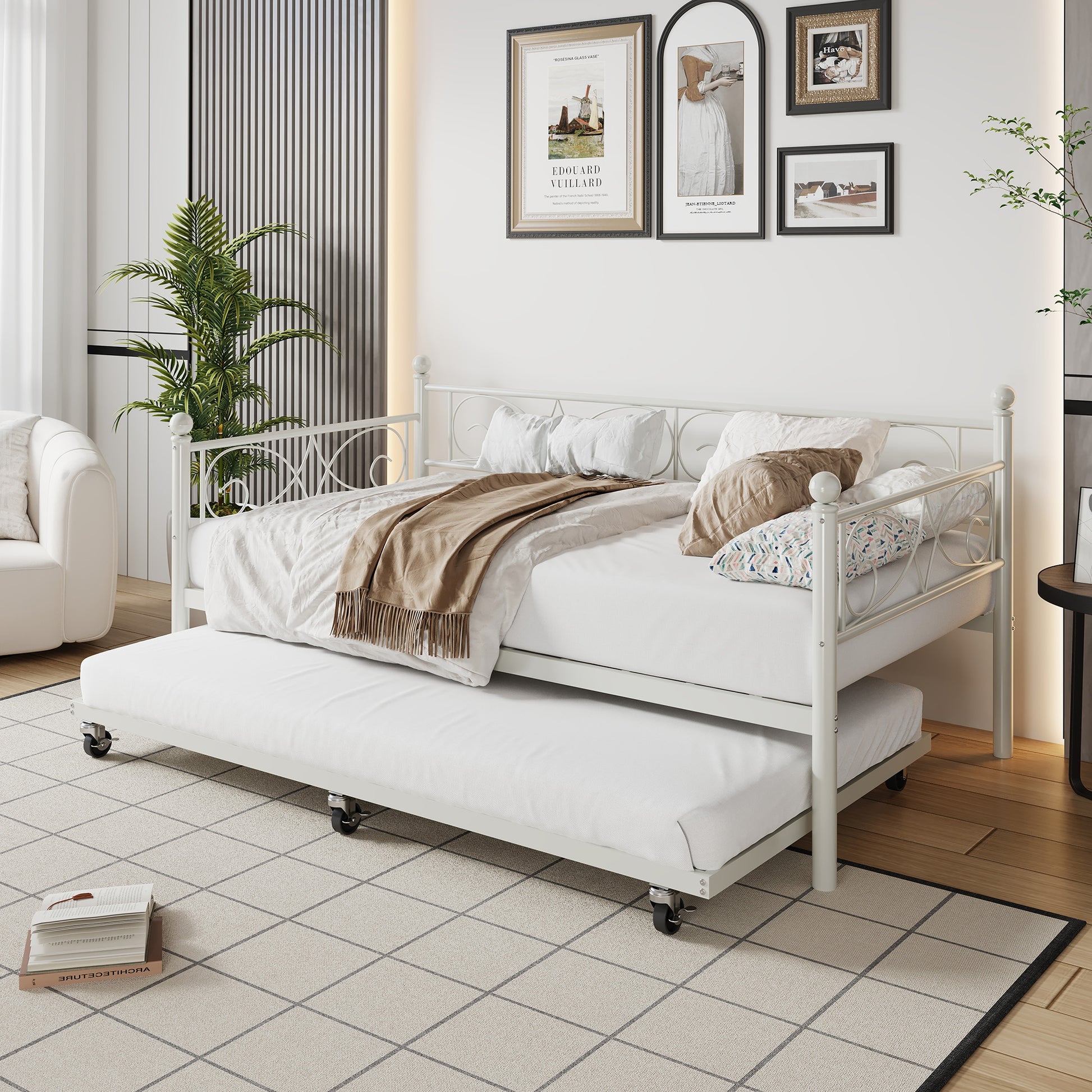 Garvee Heavy Duty Twin Daybed with Trundle, Metal Sofa Single Bed Frame with Slats & Headboard, No Box Spring Needed, Multifunctional Platform Bed for Bedroom, Guest Room, White