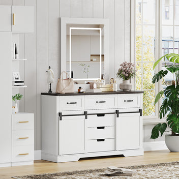 Garvee 6 Drawers Dresser with Mirror for Bedroom, Makeup Vanity with Light Mirror, Farmhouse Modern Dressers, Chest of Drawers with Sliding Barn Doors for Bedroom, Living Room