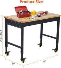 GARVEE Adjustable Workbench, 2000 lbs Load Capacity, 48 x 24 Inch Rubber Wood Top Work Bench with 4 Rolling Casters & Power Outlets, Heavy-Duty Work Table for Garage, Workshop, Office