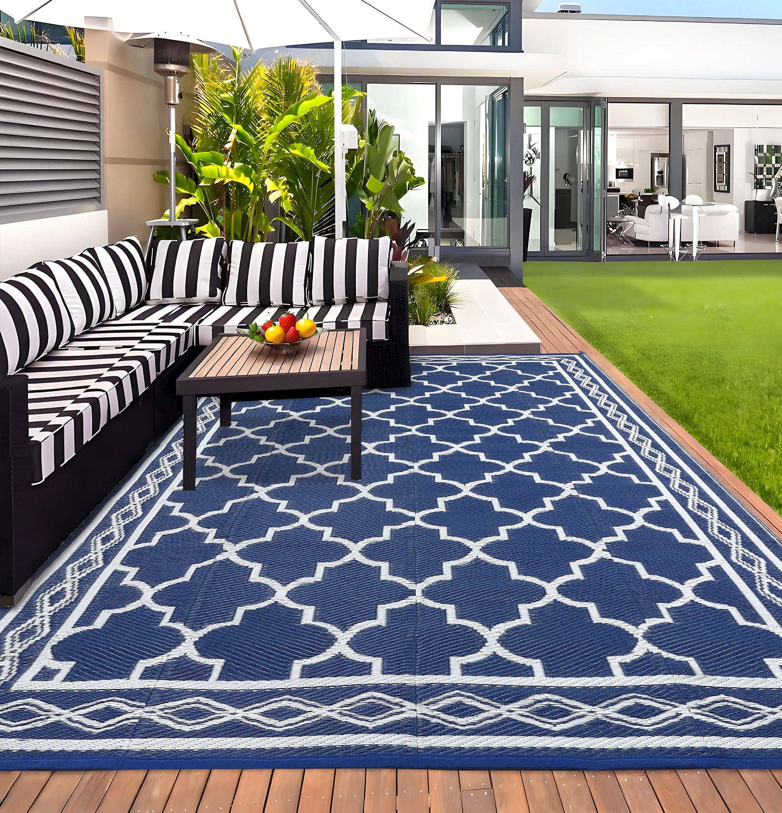 Garvee Outdoor Dark Blue 10x14 Waterproof Plastic Straw Rug, Reversible, UV-Resistant, Portable with Carry Bag & Stakes for Patio RV Camping