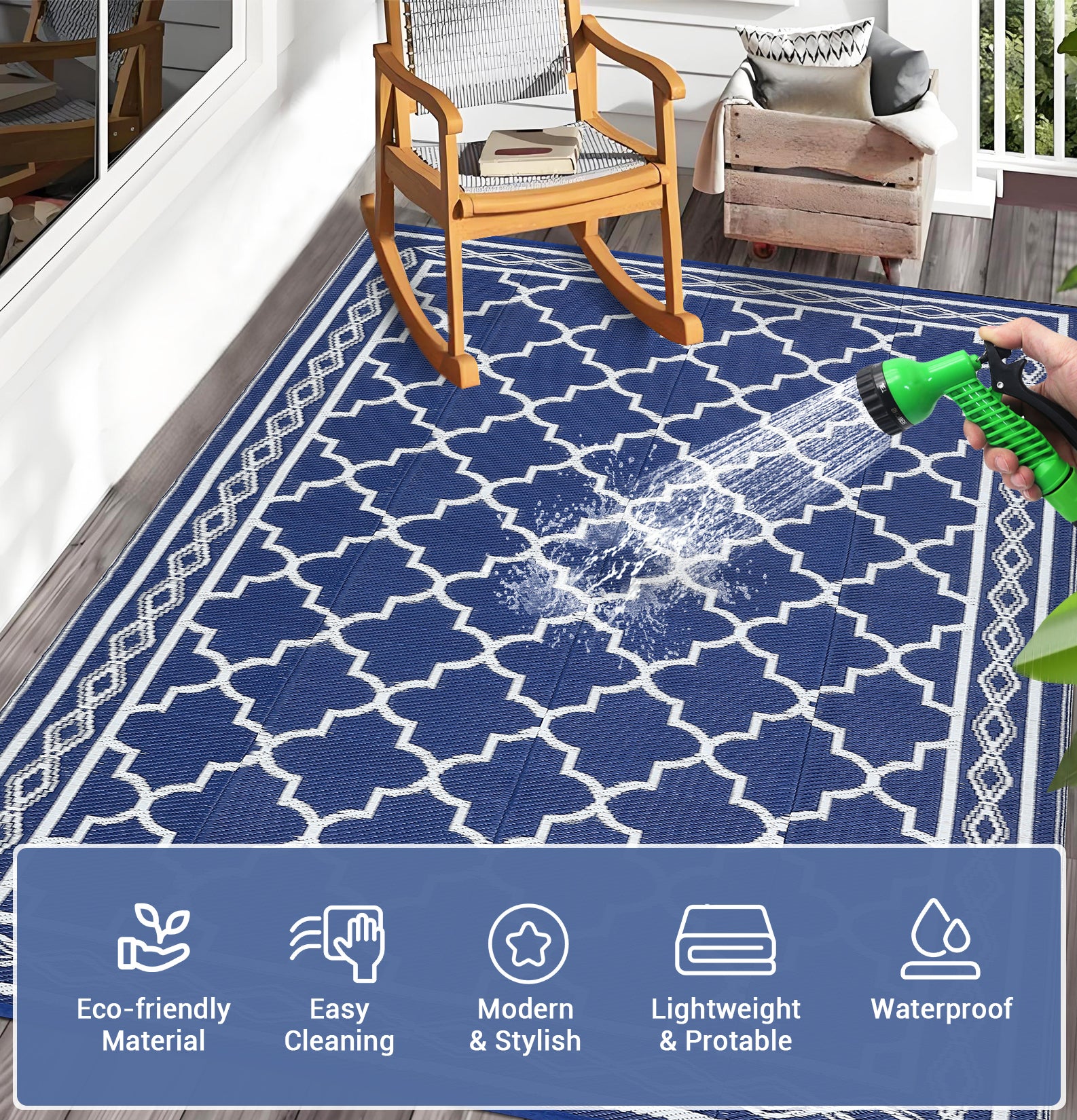 Garvee Outdoor Dark Blue 9x12 Rug Waterproof Reversible Patio Carpet Polypropylene UV & Stain Resistant Portable with Stakes for Camping Backyard Deck