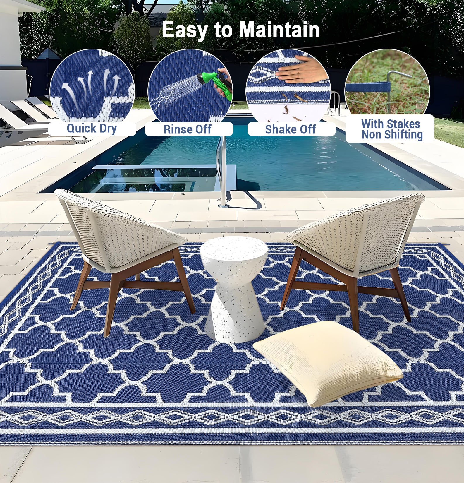 Garvee Outdoor Dark Blue 10x14 Waterproof Plastic Straw Rug, Reversible, UV-Resistant, Portable with Carry Bag & Stakes for Patio RV Camping