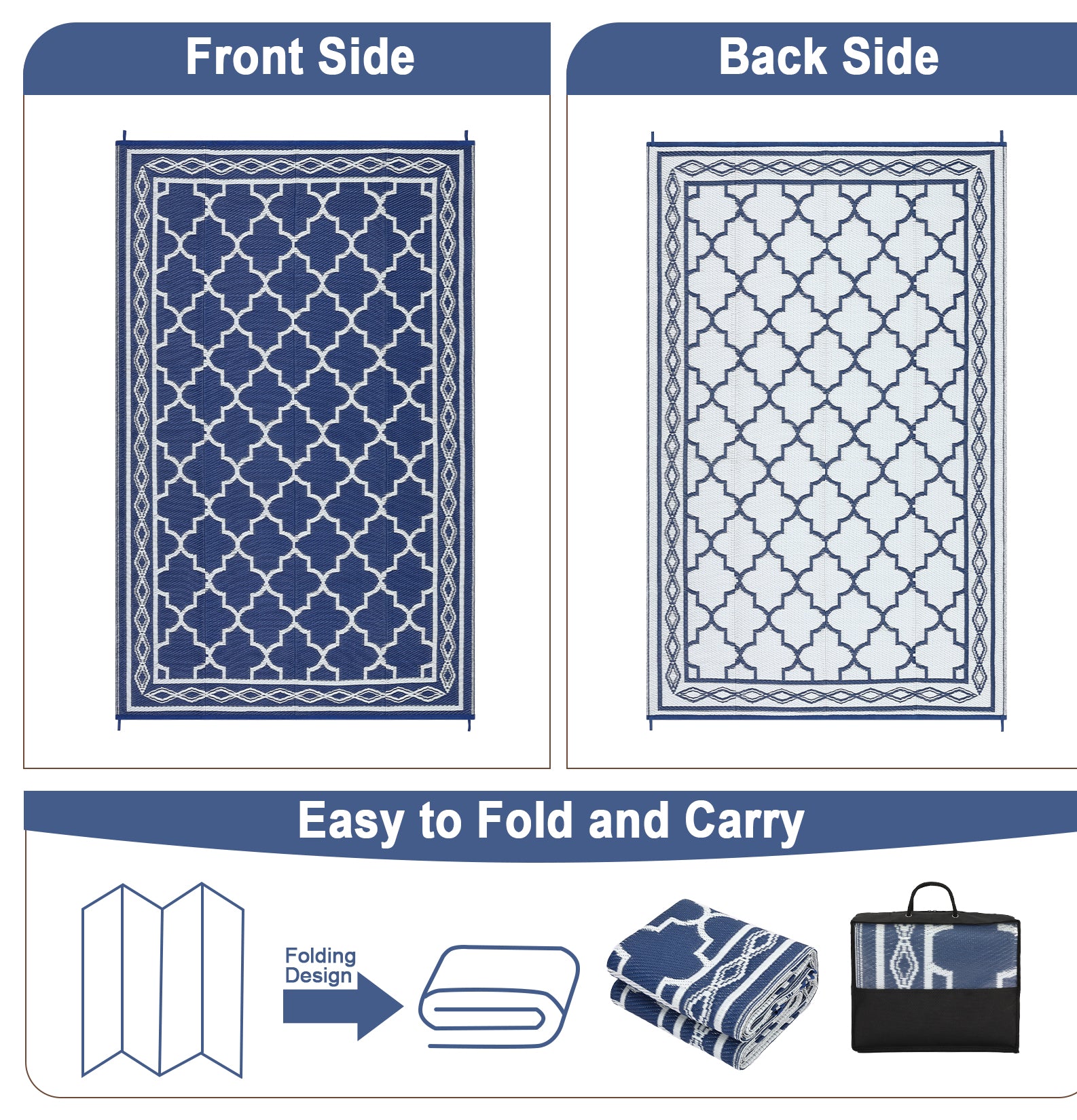 Garvee Outdoor Dark Blue 10x20 Ultra Large Area Rug Mat Non-Slip Stain-Resistant Plastic Folding Navy Blue & White for Camping Picnic Beach Patio