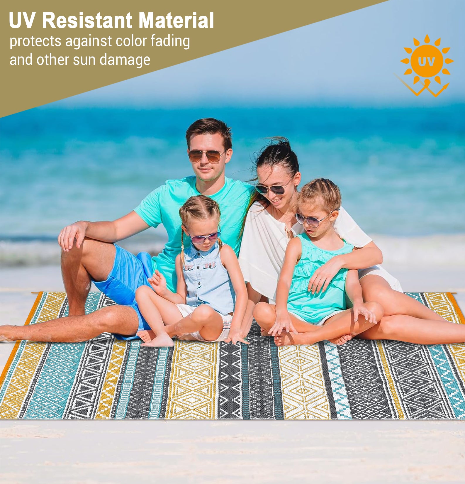 Garvee Outdoor Teal & Yellow 10x20 Large Outdoor Rug Waterproof Reversible Durable Polypropylene UV Resistant Portable Camping Mat with Carry Bag and Stakes for Patio Deck Picnic