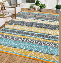 Garvee Outdoor Teal & Yellow 10x20 Large Outdoor Rug Waterproof Reversible Durable Polypropylene UV Resistant Portable Camping Mat with Carry Bag and Stakes for Patio Deck Picnic