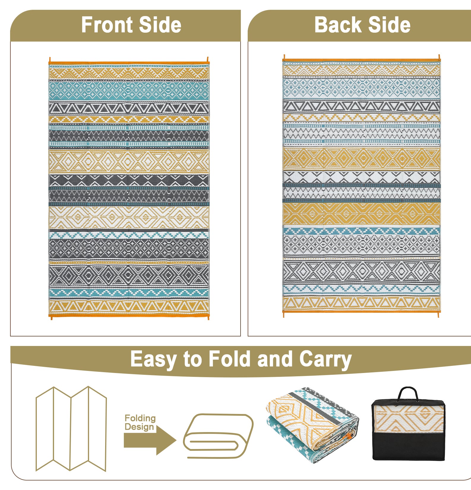 Garvee Outdoor Teal & Yellow 9x18 Rug, Waterproof Patio Mat, Reversible, Durable Polypropylene, UV Resistant, Lightweight, Portable, for Camping, RV, Backyard