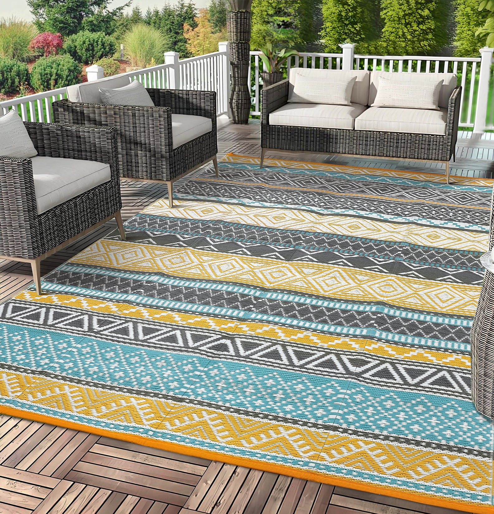 Garvee Outdoor Teal & Yellow 10x20 Large Outdoor Rug Waterproof Reversible Durable Polypropylene UV Resistant Portable Camping Mat with Carry Bag and Stakes for Patio Deck Picnic