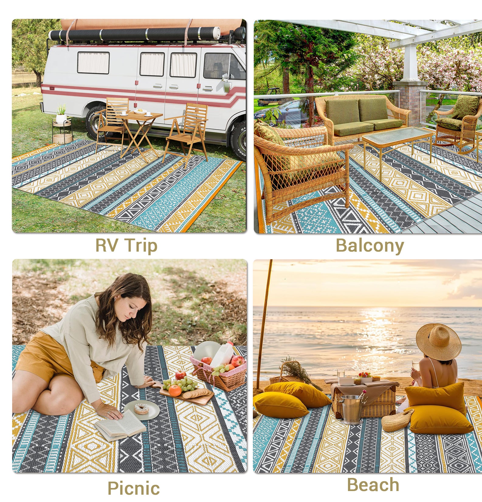 Garvee Outdoor Teal & Yellow 10x20 Large Outdoor Rug Waterproof Reversible Durable Polypropylene UV Resistant Portable Camping Mat with Carry Bag and Stakes for Patio Deck Picnic