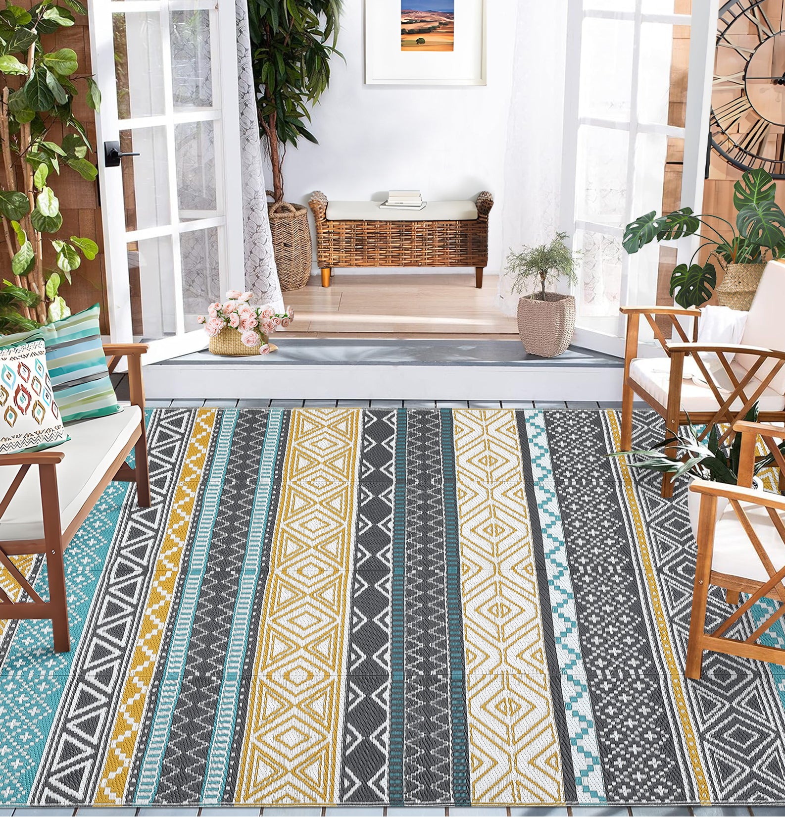 Garvee Outdoor Teal & Yellow 9x18 Rug, Waterproof Patio Mat, Reversible, Durable Polypropylene, UV Resistant, Lightweight, Portable, for Camping, RV, Backyard