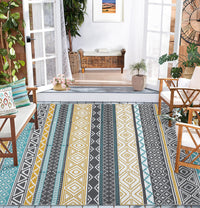 Garvee Outdoor Teal & Yellow 9x18 Rug, Waterproof Patio Mat, Reversible, Durable Polypropylene, UV Resistant, Lightweight, Portable, for Camping, RV, Backyard