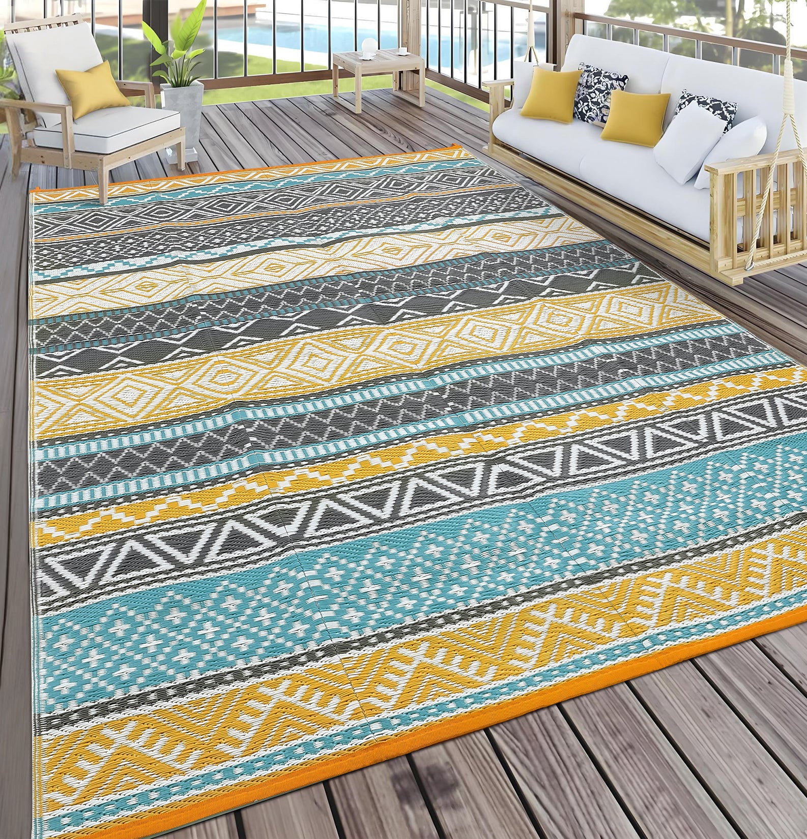 Garvee Outdoor Teal & Yellow 9x18 Rug, Waterproof Patio Mat, Reversible, Durable Polypropylene, UV Resistant, Lightweight, Portable, for Camping, RV, Backyard