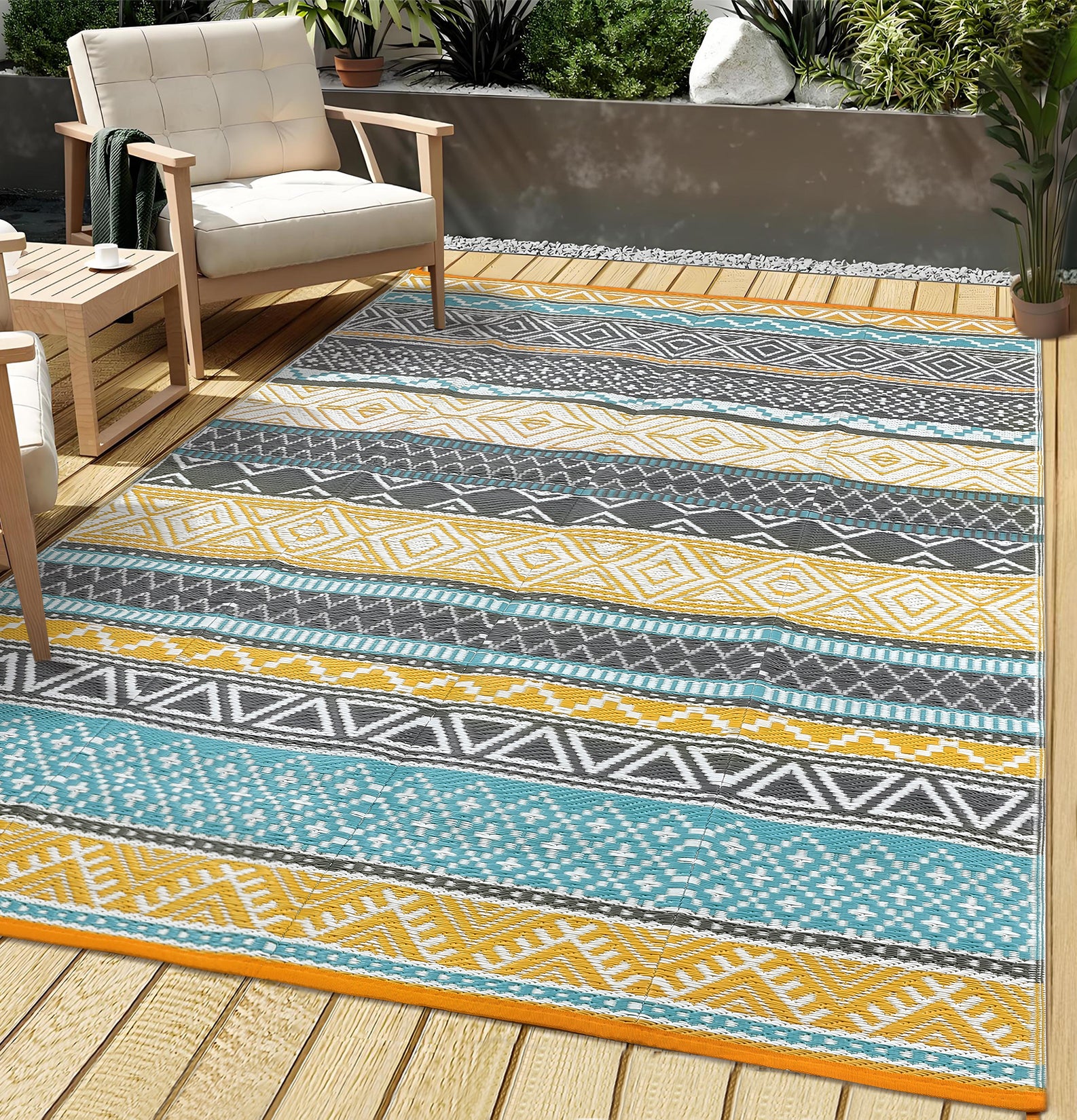 Garvee Outdoor Teal & Yellow 10x20 Large Outdoor Rug Waterproof Reversible Durable Polypropylene UV Resistant Portable Camping Mat with Carry Bag and Stakes for Patio Deck Picnic