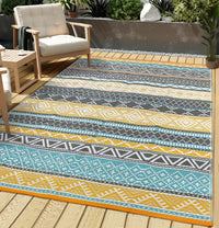 Garvee Outdoor Teal & Yellow 10x20 Large Outdoor Rug Waterproof Reversible Durable Polypropylene UV Resistant Portable Camping Mat with Carry Bag and Stakes for Patio Deck Picnic
