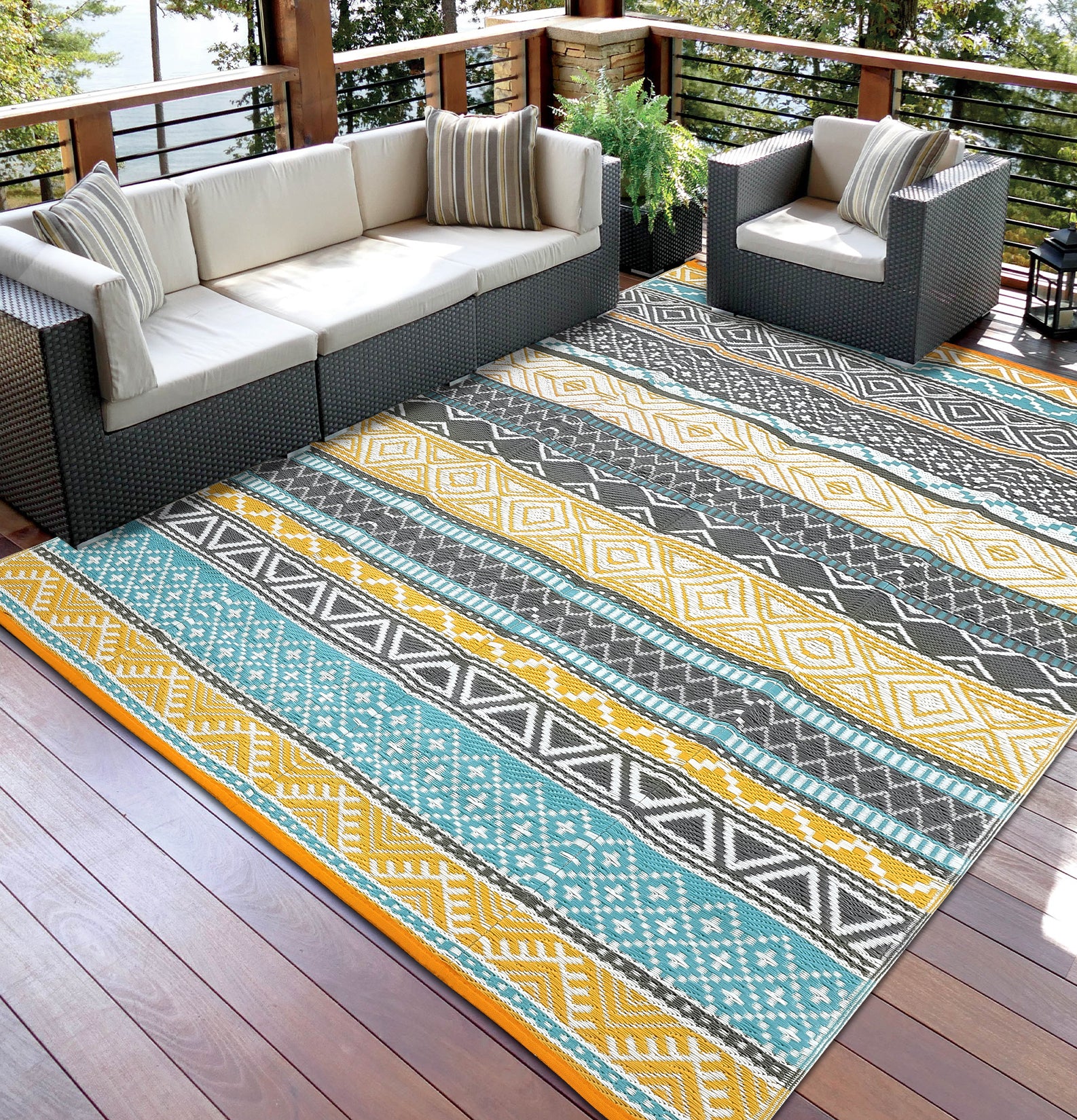 Garvee Outdoor Teal & Yellow 10x20 Large Outdoor Rug Waterproof Reversible Durable Polypropylene UV Resistant Portable Camping Mat with Carry Bag and Stakes for Patio Deck Picnic