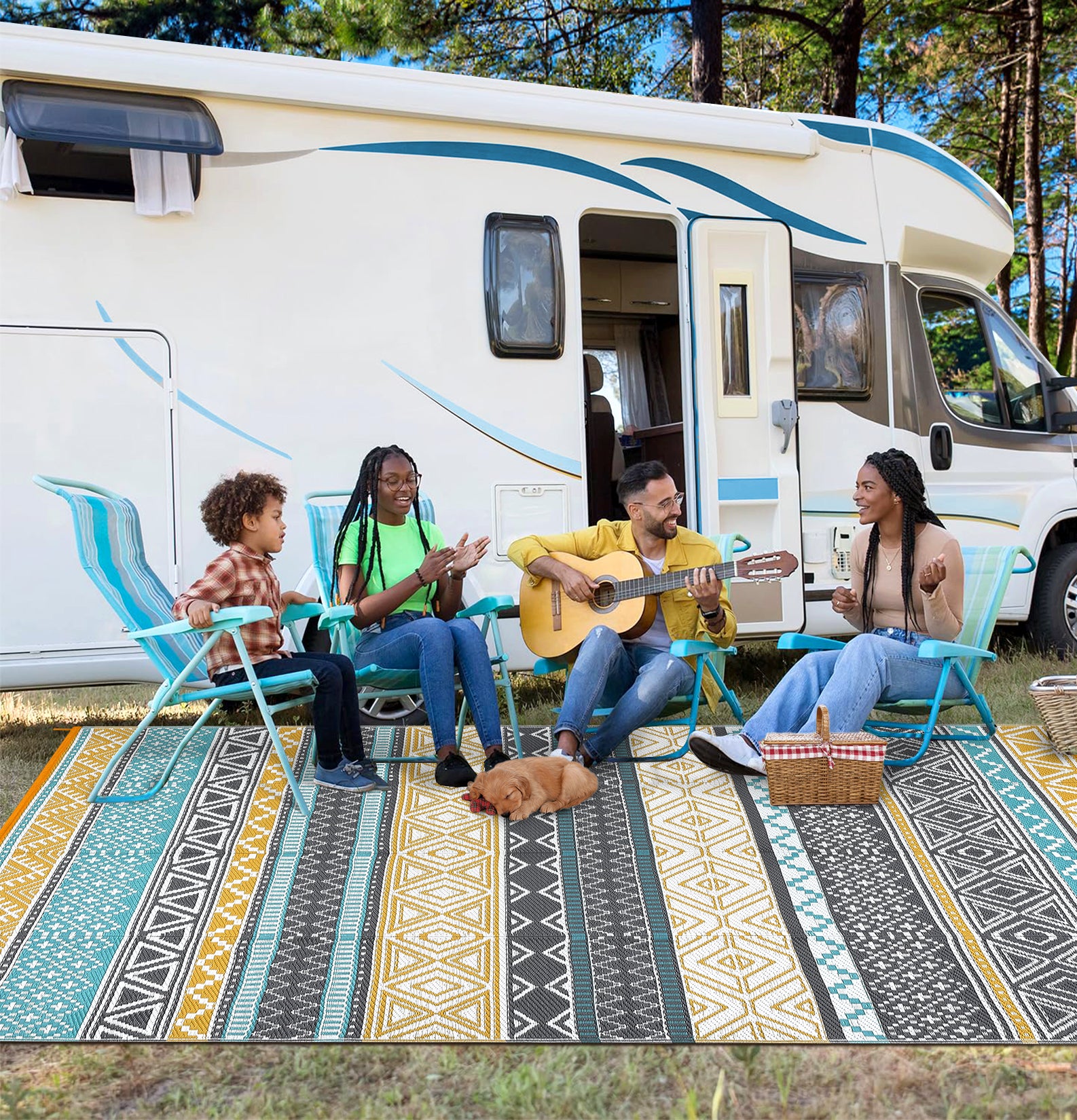 Garvee Outdoor Teal & Yellow 9x18 Rug, Waterproof Patio Mat, Reversible, Durable Polypropylene, UV Resistant, Lightweight, Portable, for Camping, RV, Backyard