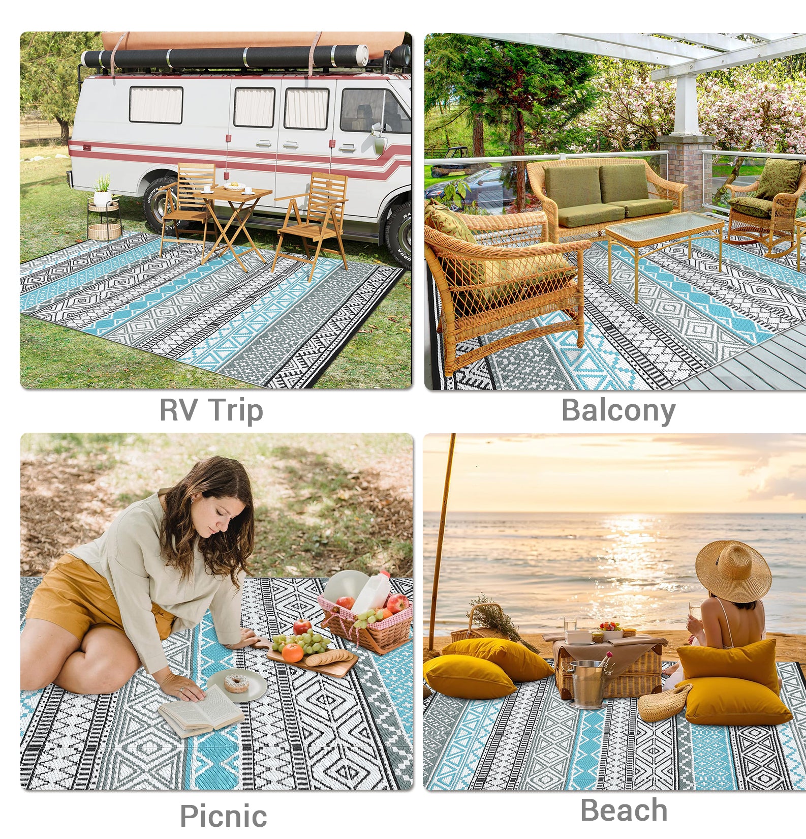 Garvee Outdoor Blue & Gray 8x10 Area Rug Plastic Water-Resistant Non-Slip Fade-Resistant Lightweight Portable Camping Picnic Mat
