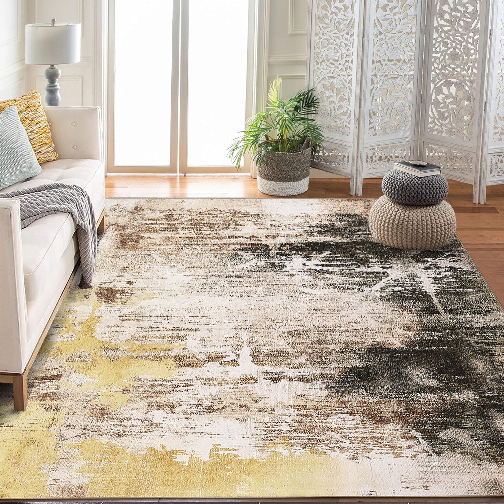Garvee Washable Area Rug Large Cream Colorful Boho Vintage Bedroom Ultra-Thin Floral Carpet