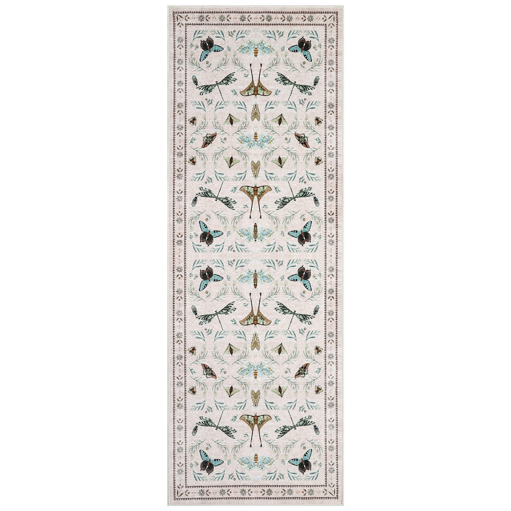Garvee 2' x 10' Beige Botanical Insect Runner Rug, Washable Non-Slip Soft Low-Pile Moth, Butterfly & Dragonfly Rug for Hallway, Kitchen & Entryway