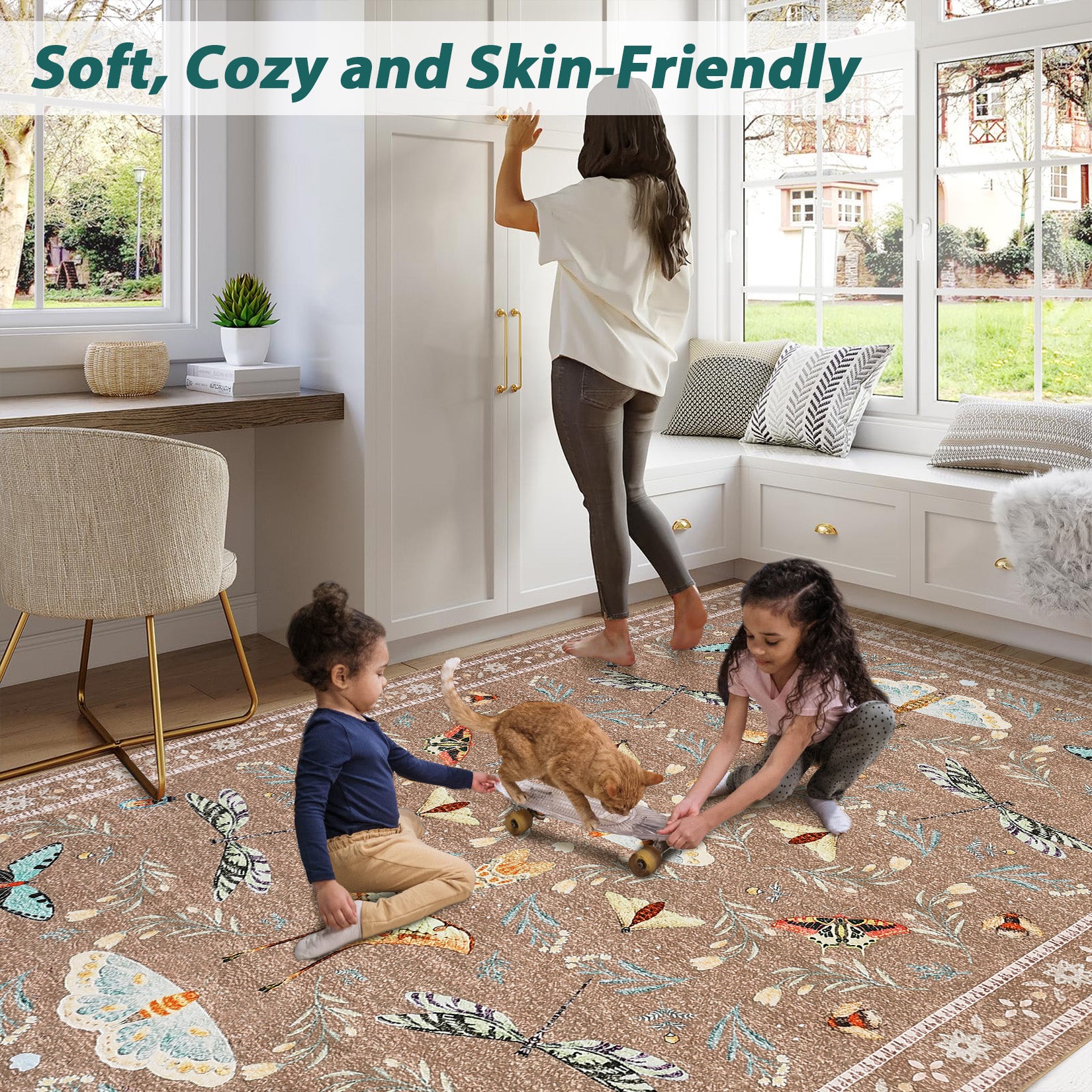 Garvee 4' x 6' Botanical Insect Area Rug, Washable Non-Slip Soft Low-Pile Moth & Butterfly Rug for Bedroom, Office & Entryway, Camel